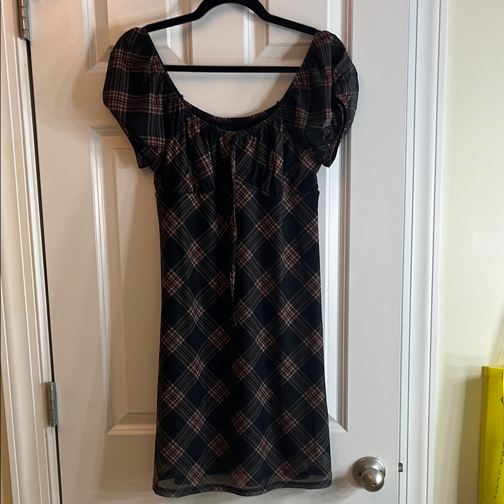 Plaid Puff Sleeve Dress - Black and Brown